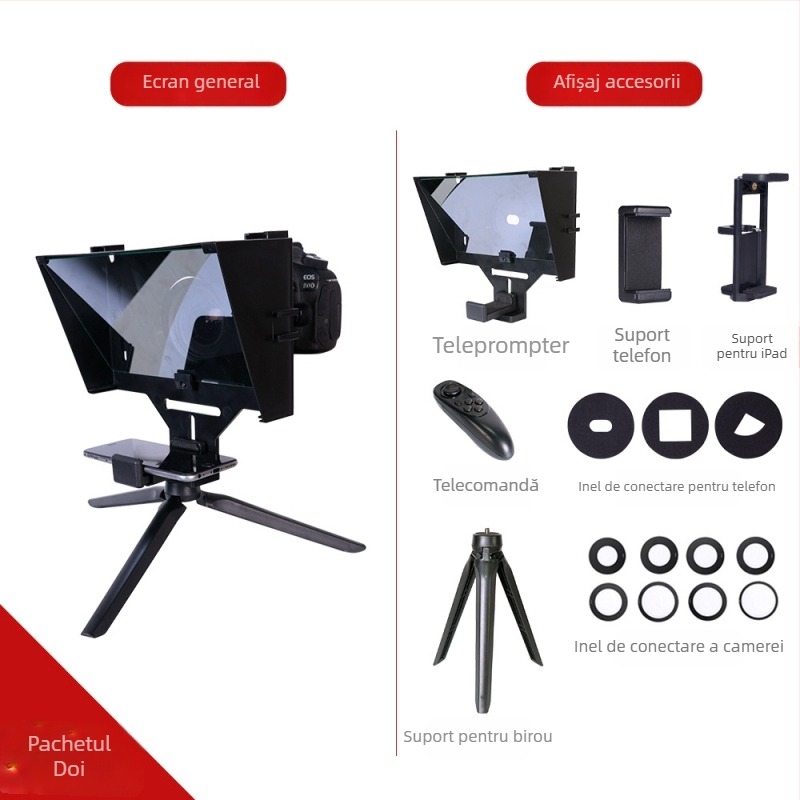 Teleprompter pentru telefoane mobile și tablete - corp ABS, atașament de lentilă, sarcină maximă 2–5 kg, greutate 0,5 kg