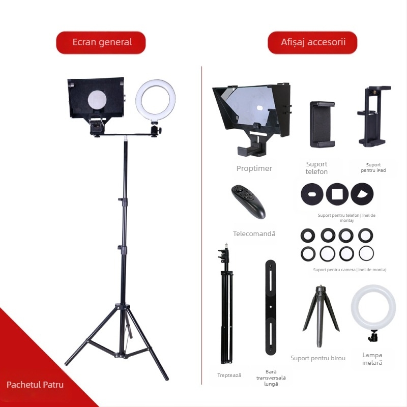 Teleprompter pentru telefoane mobile și tablete - corp ABS, atașament de lentilă, sarcină maximă 2–5 kg, greutate 0,5 kg