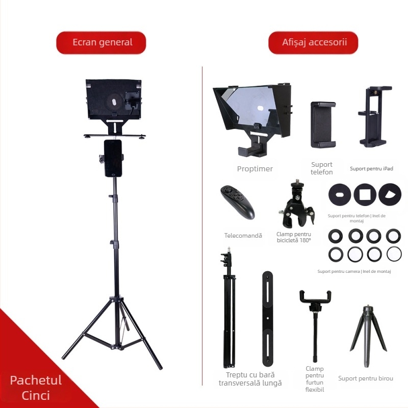 Teleprompter pentru telefoane mobile și tablete - corp ABS, atașament de lentilă, sarcină maximă 2–5 kg, greutate 0,5 kg