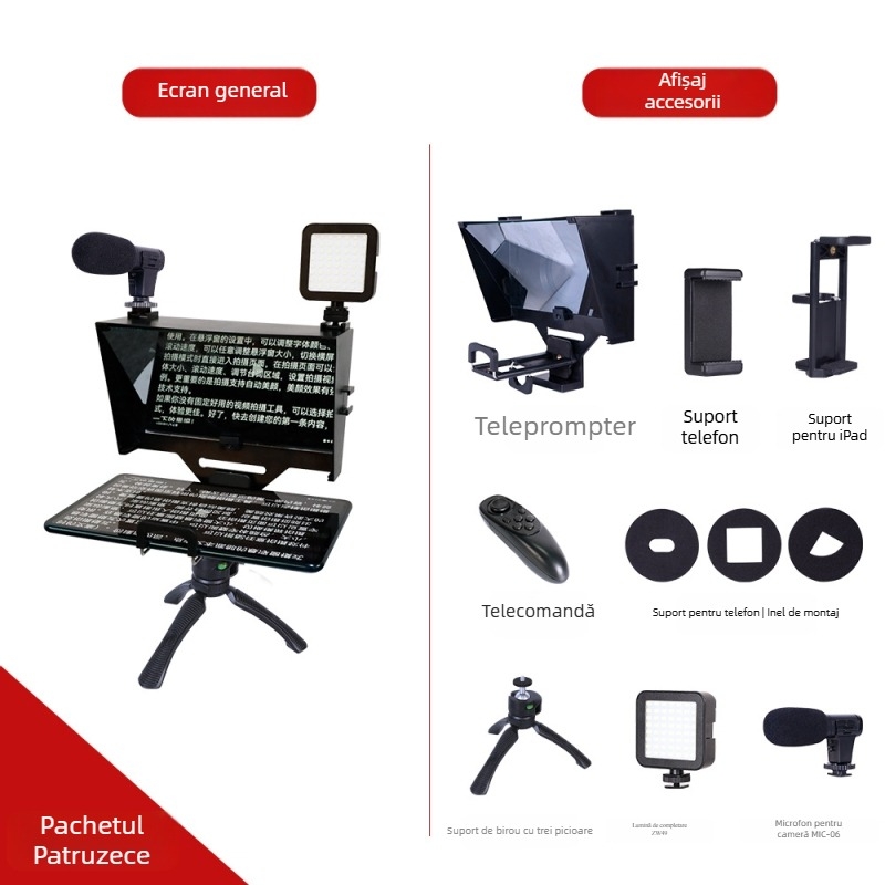 Teleprompter pentru telefoane mobile și tablete - corp ABS, atașament de lentilă, sarcină maximă 2–5 kg, greutate 0,5 kg