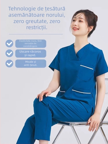 Set medical unisex din două piese – uscare rapidă, absorbția umidității, material poliester-spandex, top cu mâneci lungi și decolare în V + pantaloni, pentru toate anotimpurile