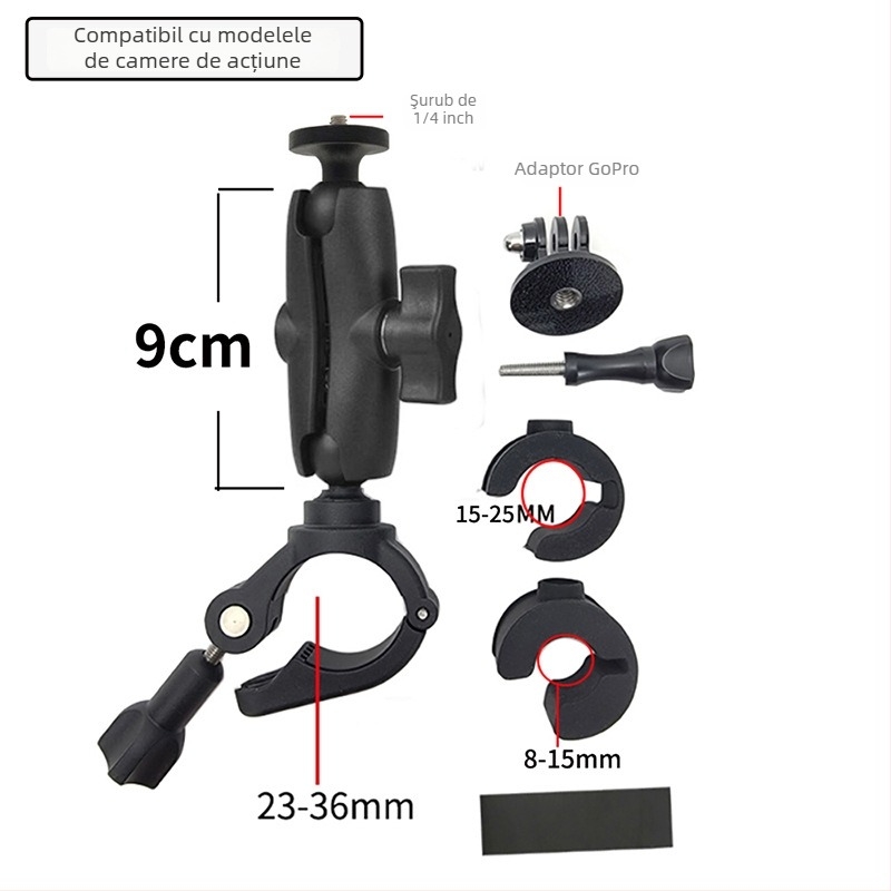 Suport ghidon pentru motocicletă pentru camere de acțiune — TUYU K06-02, nailon + fibră, compatibil universal cu camere sportive