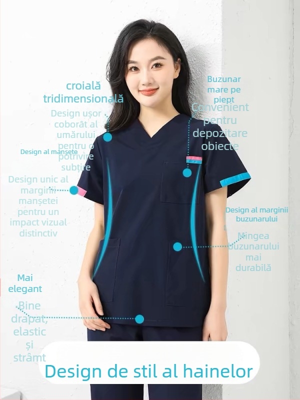 Set unisex de echipament medical cu mâneci scurte (top + pantaloni) - țesătură care evacuează umezeala, amestec poliester-bumbac-elastan, decolteu în V, mâneci standard, pentru toate anotimpurile