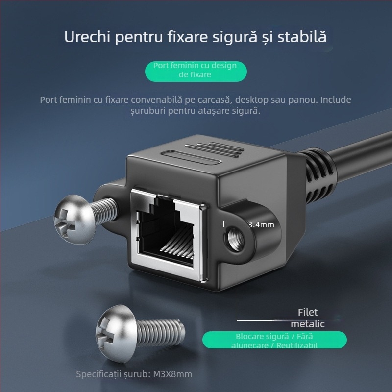 Cablu de extensie unghiular pentru rețea RJ-45, de la M la F, Cat5, cu găuri de montaj