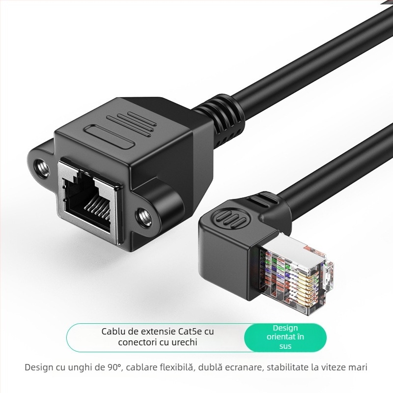 Cablu de extensie unghiular pentru rețea RJ-45, de la M la F, Cat5, cu găuri de montaj