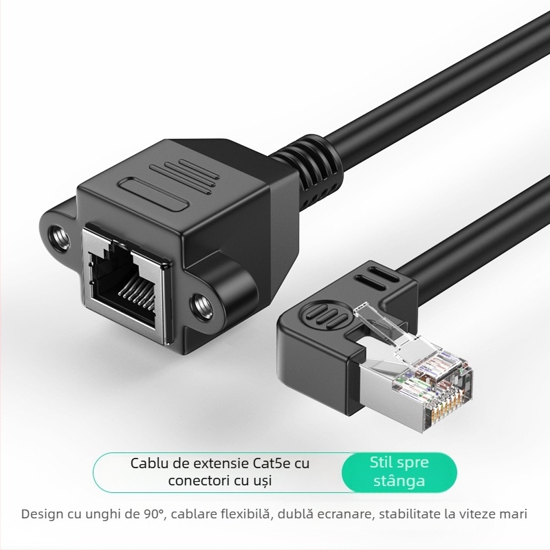 Cablu de extensie unghiular pentru rețea RJ-45, de la M la F, Cat5, cu găuri de montaj