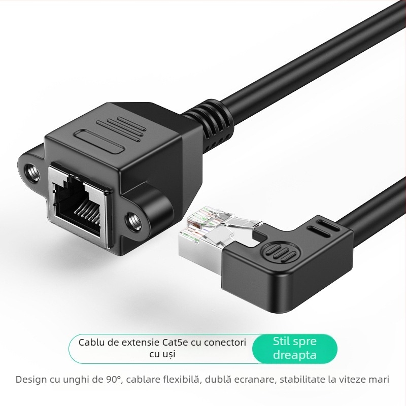Cablu de extensie unghiular pentru rețea RJ-45, de la M la F, Cat5, cu găuri de montaj