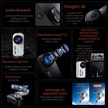 SJCAM Quick Shadow C110 FPV Cameră de acțiune pentru motocicletă - 4K, senzor 20MP, Stabilizare anti-tremur, MicroSD până la 128GB, Carcasă impermeabilă inclusă