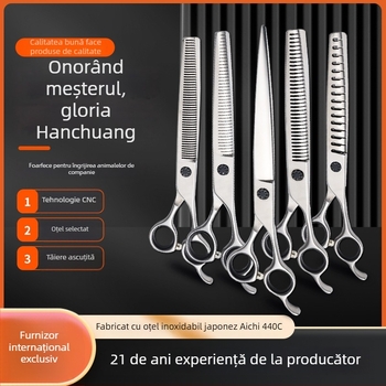 Hanchuang set de foarfece pentru animale de companie din oțel inoxidabil 440C, vârf curbat, lamă zimțată