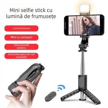 Mini selfie stick Bluetooth cu trepied și iluminare LED – ABS + oțel inoxidabil, telecomandă inclusă, suport de birou, compatibilitate universală