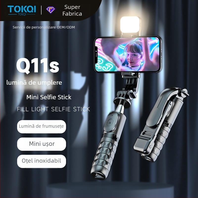 Mini selfie stick Bluetooth cu trepied și iluminare LED – ABS + oțel inoxidabil, telecomandă inclusă, suport de birou, compatibilitate universală