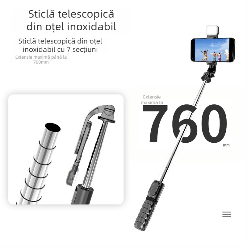 Mini selfie stick Bluetooth cu trepied și iluminare LED – ABS + oțel inoxidabil, telecomandă inclusă, suport de birou, compatibilitate universală