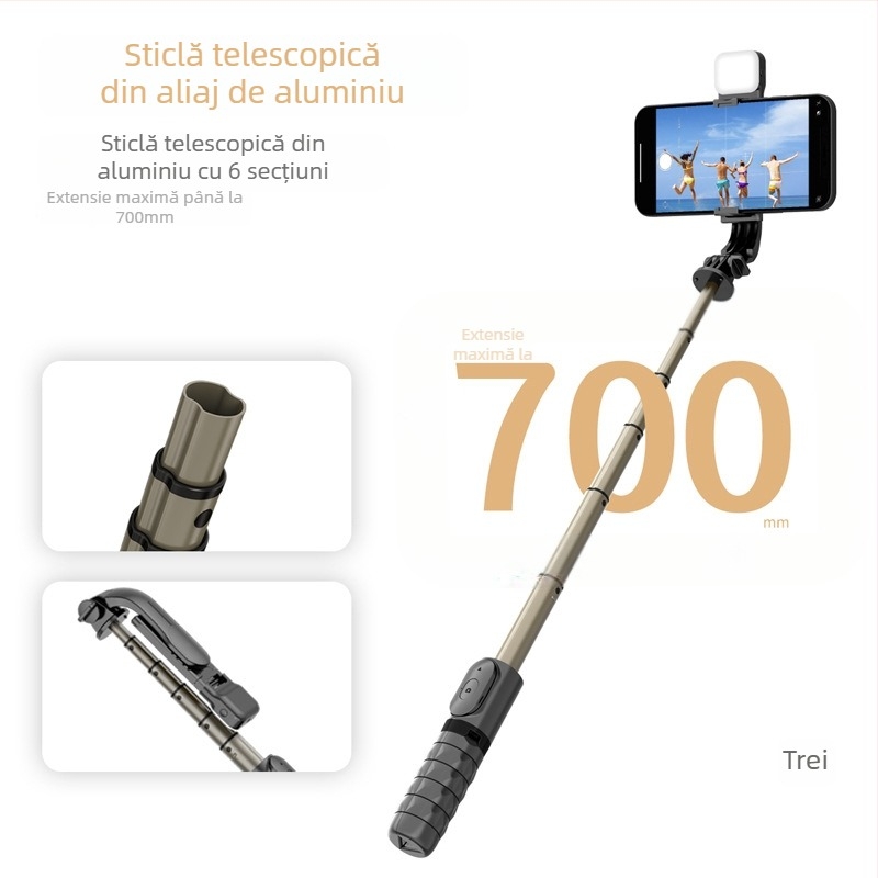 Mini selfie stick Bluetooth cu trepied și iluminare LED – ABS + oțel inoxidabil, telecomandă inclusă, suport de birou, compatibilitate universală