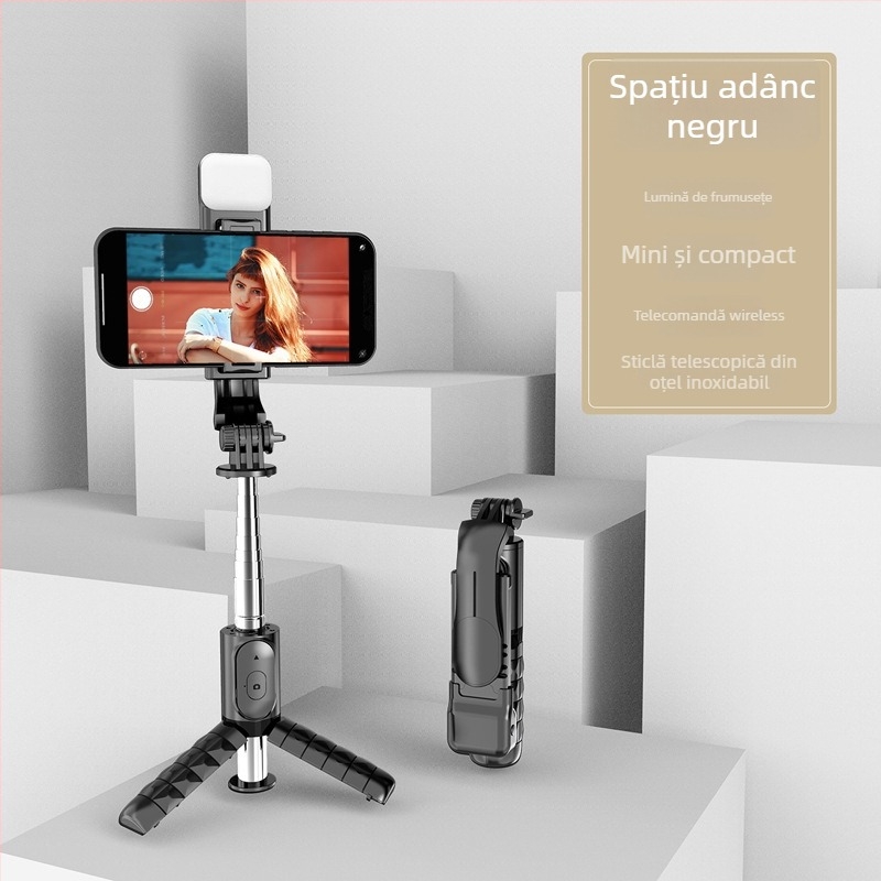 Mini selfie stick Bluetooth cu trepied și iluminare LED – ABS + oțel inoxidabil, telecomandă inclusă, suport de birou, compatibilitate universală