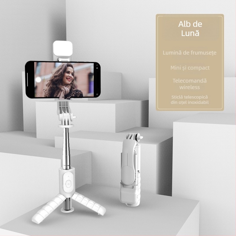 Mini selfie stick Bluetooth cu trepied și iluminare LED – ABS + oțel inoxidabil, telecomandă inclusă, suport de birou, compatibilitate universală