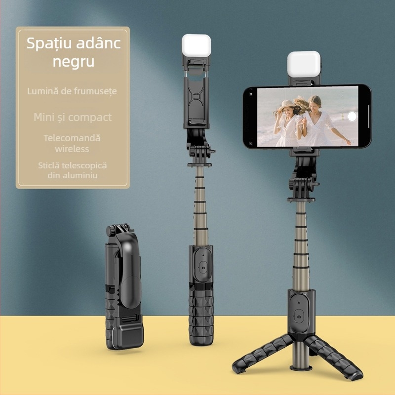 Mini selfie stick Bluetooth cu trepied și iluminare LED – ABS + oțel inoxidabil, telecomandă inclusă, suport de birou, compatibilitate universală