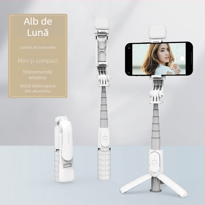 Mini selfie stick Bluetooth cu trepied și iluminare LED – ABS + oțel inoxidabil, telecomandă inclusă, suport de birou, compatibilitate universală