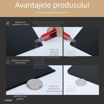 Tavă de fundal din sticlă temperată cu reflector, grosime 5 mm, greutate 5,3 kg, potrivită pentru fotografierea produselor