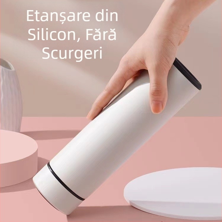 Cană termică cu rezervor intern din oțel 304, carcasă exterioră din oțel 201, izolație 6–12 ore, separare ceai-apă, control inteligent cu măsurare a temperaturii