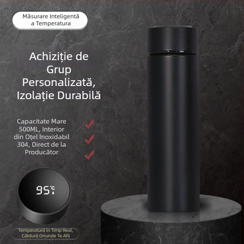Cană termică cu rezervor intern din oțel 304, carcasă exterioră din oțel 201, izolație 6–12 ore, separare ceai-apă, control inteligent cu măsurare a temperaturii