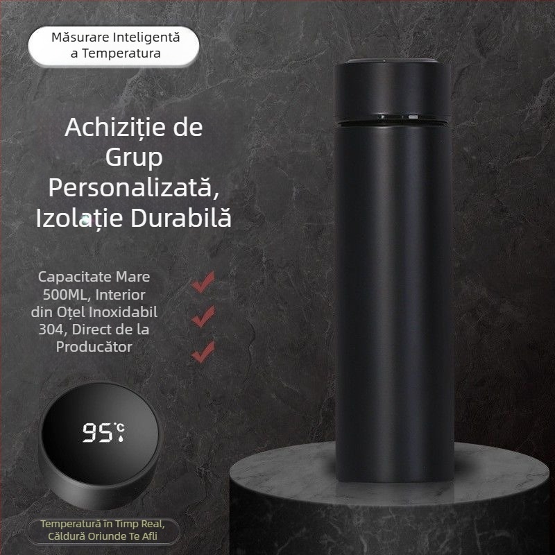 Cană termică cu rezervor intern din oțel 304, carcasă exterioră din oțel 201, izolație 6–12 ore, separare ceai-apă, control inteligent cu măsurare a temperaturii