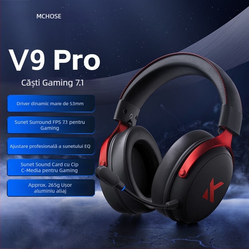 Căști de gaming Esports wireless V9 – difuzoare 53mm, 20–20k Hz, Bluetooth/2.4G/Wired, 3,5mm, Microfon încorporat