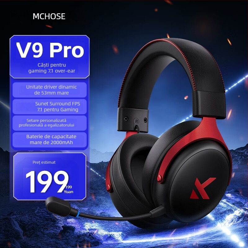Căști de gaming Esports wireless V9 – difuzoare 53mm, 20–20k Hz, Bluetooth/2.4G/Wired, 3,5mm, Microfon încorporat