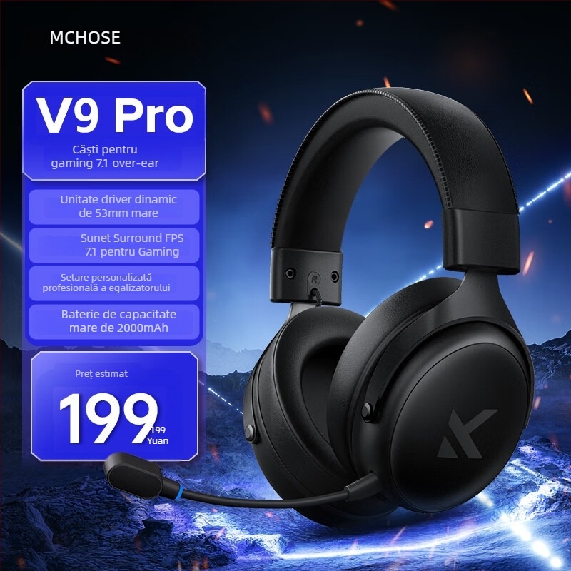 Căști de gaming Esports wireless V9 – difuzoare 53mm, 20–20k Hz, Bluetooth/2.4G/Wired, 3,5mm, Microfon încorporat