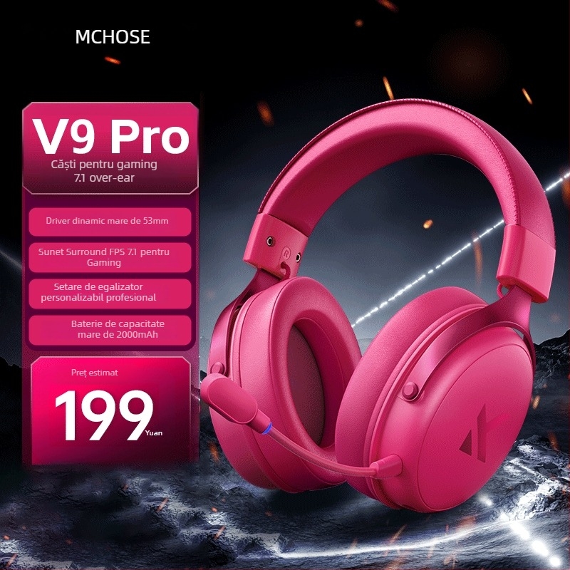 Căști de gaming Esports wireless V9 – difuzoare 53mm, 20–20k Hz, Bluetooth/2.4G/Wired, 3,5mm, Microfon încorporat