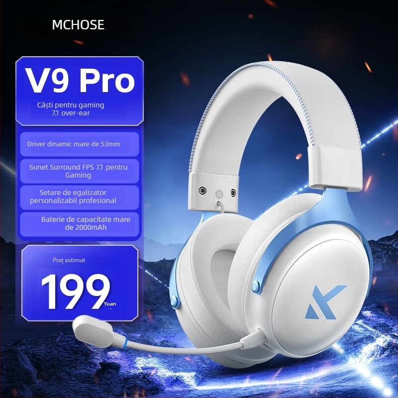 Căști de gaming Esports wireless V9 – difuzoare 53mm, 20–20k Hz, Bluetooth/2.4G/Wired, 3,5mm, Microfon încorporat