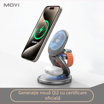 Încărcător Qi2 fără fir magnetic – stație pliabilă 3 în 1 pentru încărcare rapidă, QC3.0, putere totală 22.5W, putere de ieșire 15W