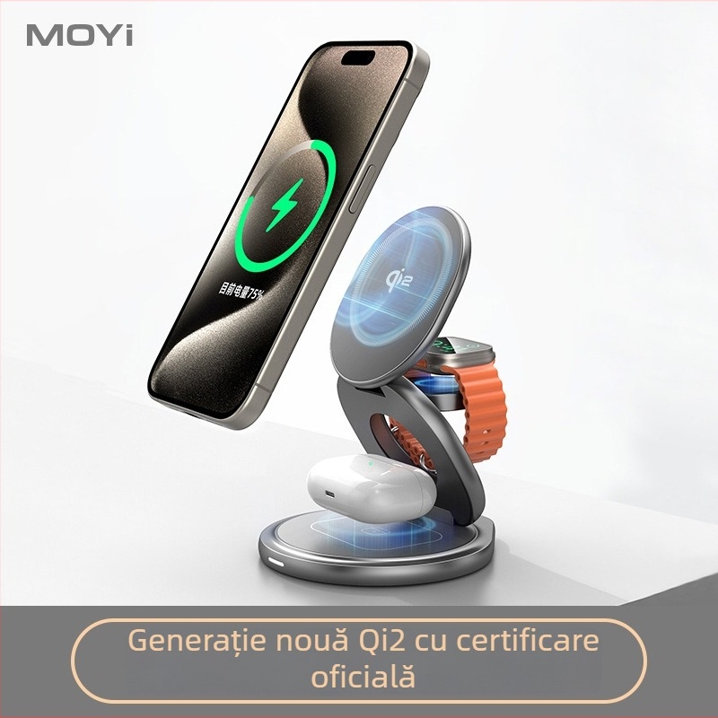 Încărcător Qi2 fără fir magnetic – stație pliabilă 3 în 1 pentru încărcare rapidă, QC3.0, putere totală 22.5W, putere de ieșire 15W