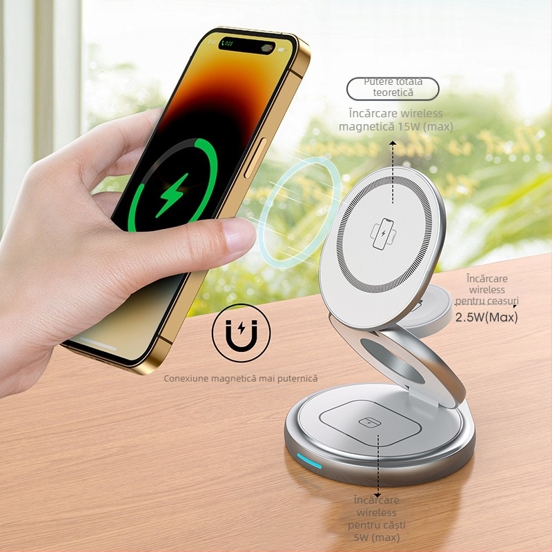 Încărcător Qi2 fără fir magnetic – stație pliabilă 3 în 1 pentru încărcare rapidă, QC3.0, putere totală 22.5W, putere de ieșire 15W
