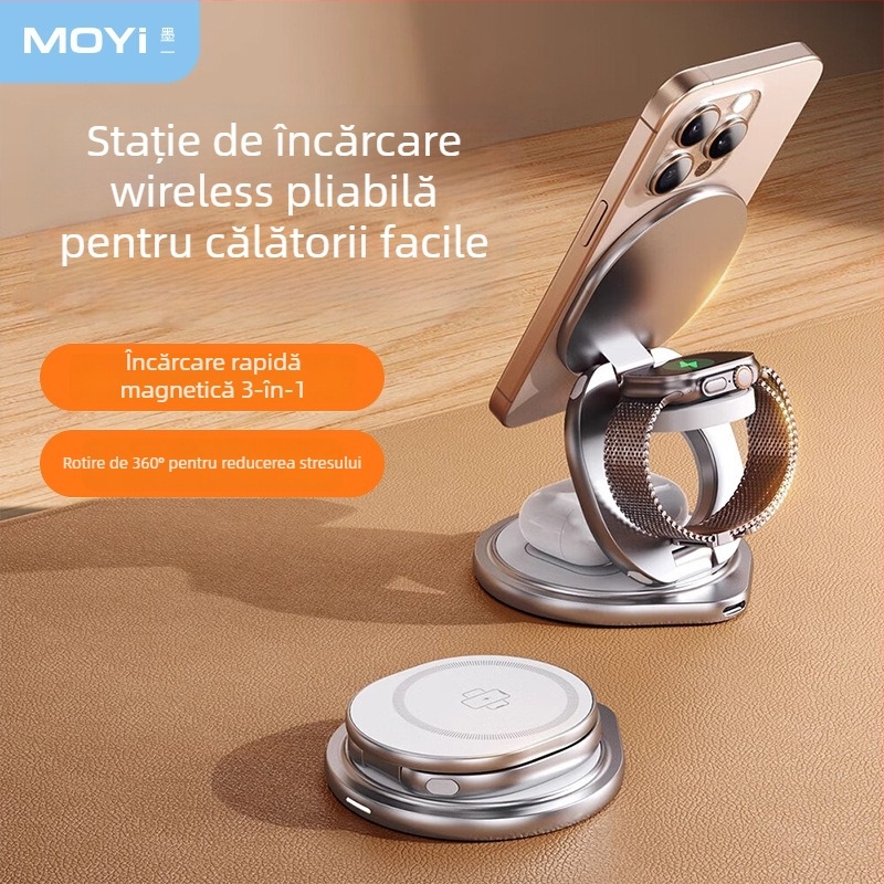 Încărcător Qi2 fără fir magnetic – stație pliabilă 3 în 1 pentru încărcare rapidă, QC3.0, putere totală 22.5W, putere de ieșire 15W