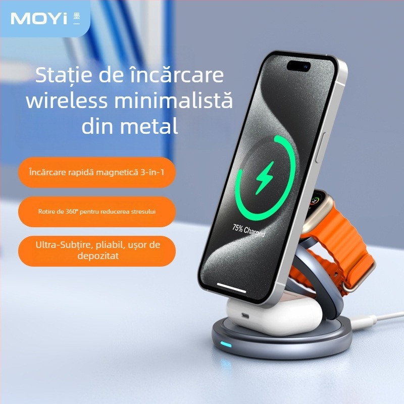 Încărcător Qi2 fără fir magnetic – stație pliabilă 3 în 1 pentru încărcare rapidă, QC3.0, putere totală 22.5W, putere de ieșire 15W