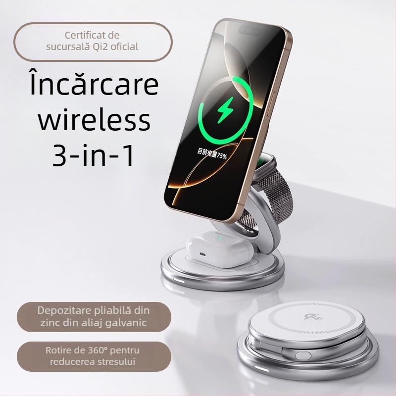 Încărcător Qi2 fără fir magnetic – stație pliabilă 3 în 1 pentru încărcare rapidă, QC3.0, putere totală 22.5W, putere de ieșire 15W