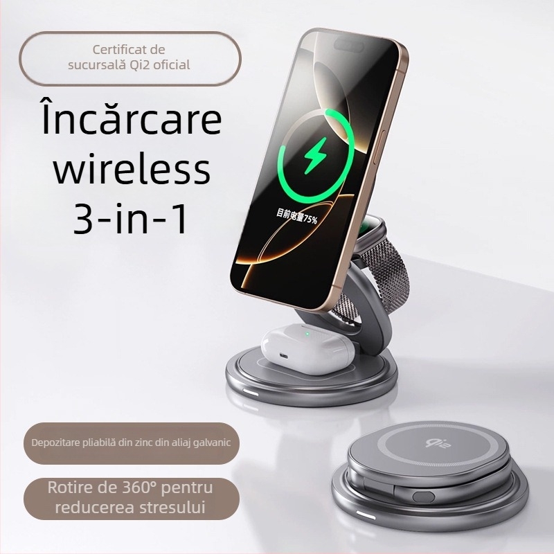 Încărcător Qi2 fără fir magnetic – stație pliabilă 3 în 1 pentru încărcare rapidă, QC3.0, putere totală 22.5W, putere de ieșire 15W