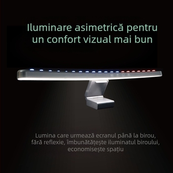 Lampă suspendată pentru monitor cu control vocal și iluminare ambientală sincronizată (alimentare USB; control vocal și prin aplicație; modul iluminare ambientală; reglare temperatură de culoare și luminozitate; modul de încărcare wireless)