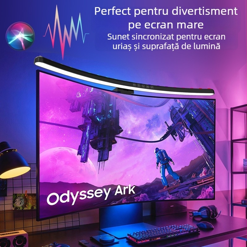 Lampă suspendată pentru monitor cu control vocal și iluminare ambientală sincronizată (alimentare USB; control vocal și prin aplicație; modul iluminare ambientală; reglare temperatură de culoare și luminozitate; modul de încărcare wireless)