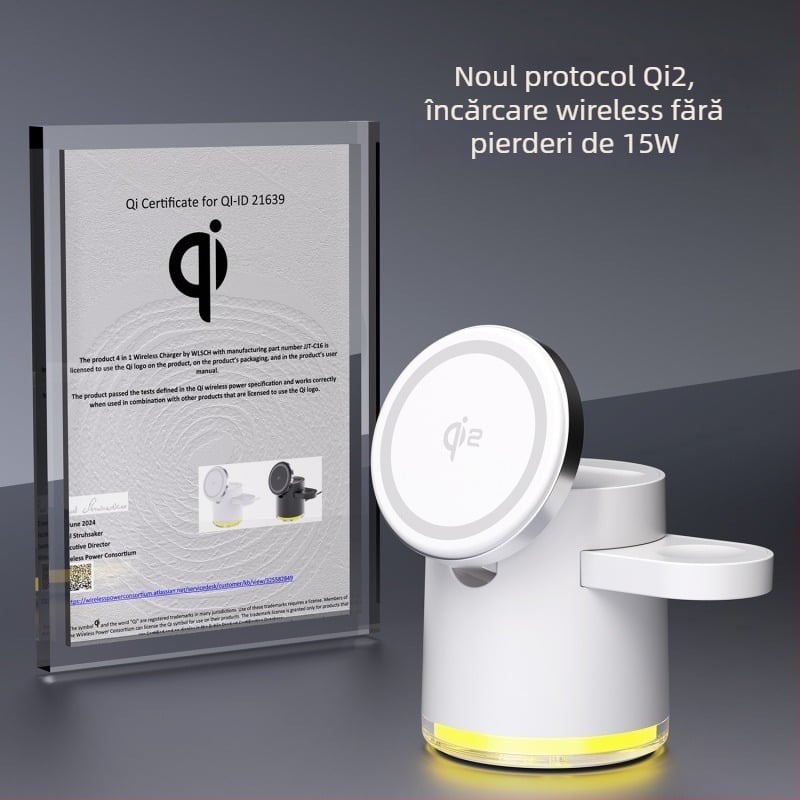 Încărcător wireless Qi2 magnetic 3-în-1, pliabil, pentru Apple iPhone 15 — Putere totală 23W; 15W telefon, 5W căști, 3W ceas