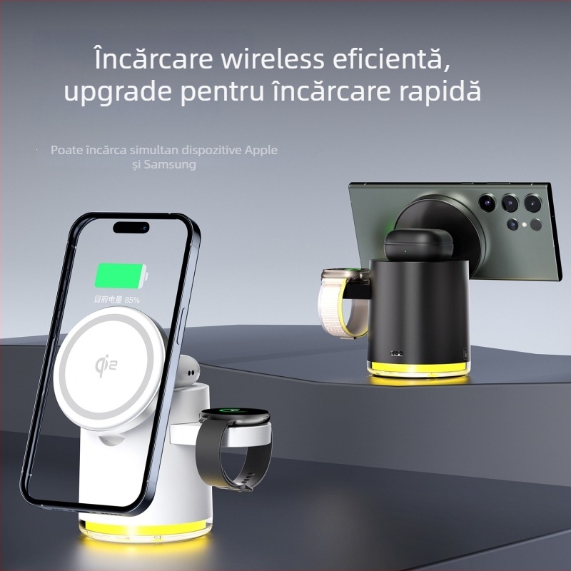 Încărcător wireless Qi2 magnetic 3-în-1, pliabil, pentru Apple iPhone 15 — Putere totală 23W; 15W telefon, 5W căști, 3W ceas