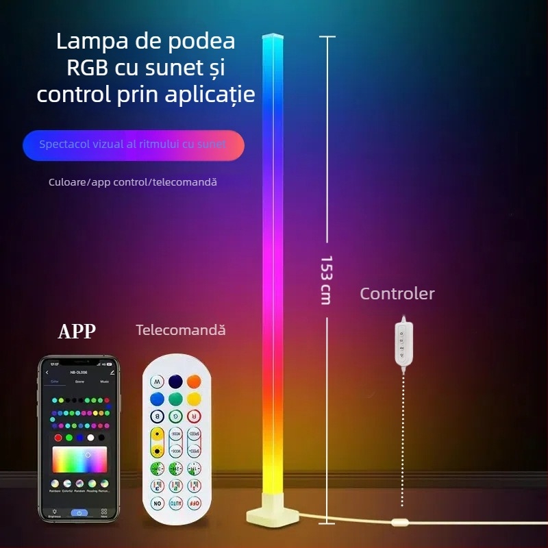 Lampă de podea LED cu iluminare ambientală RGB, telecomandă, stil Nordic, corp acrilic, abajur PVC