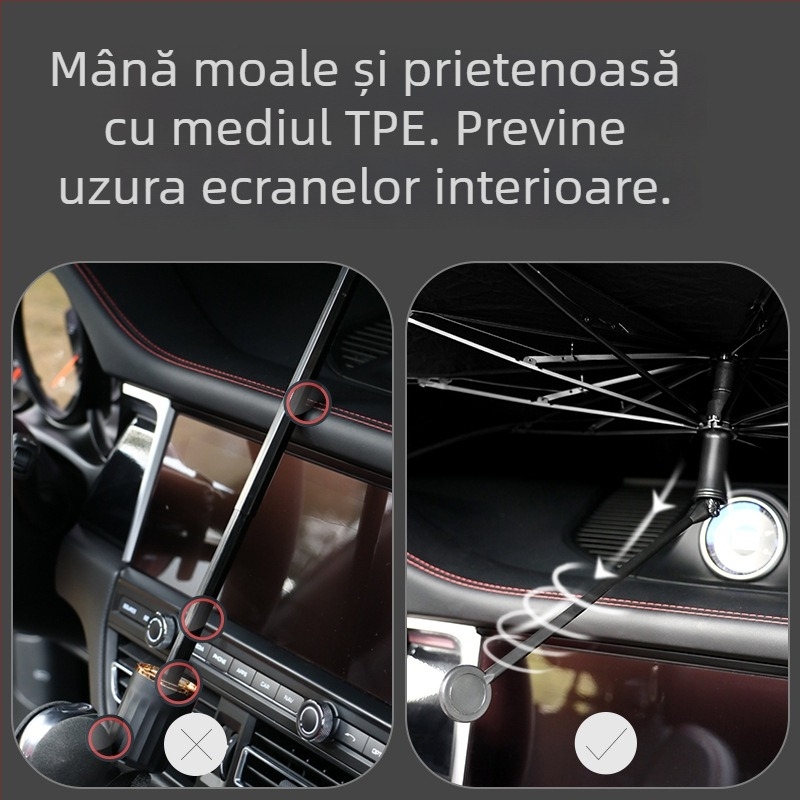 Umbră de parbriz pentru interiorul mașinii, cu braț curbat, protecție solară și izolație termică; Material: Titanium Silver Bumping Cloth; Montaj: Tip Card-in; Imprimare logo: Da; Personalizare: Da; Părți aplicabile: Zona frontală