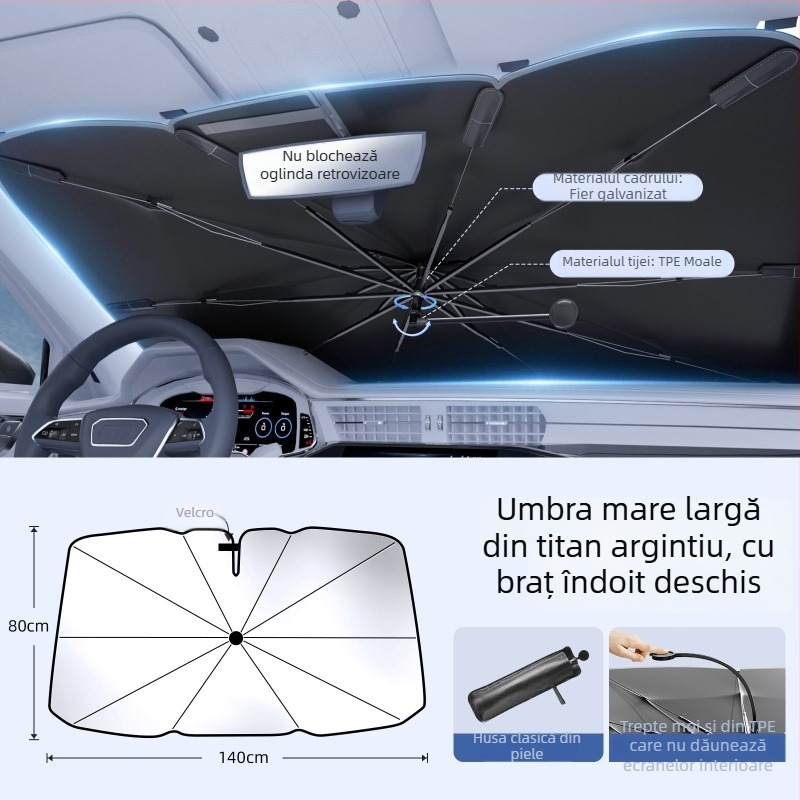 Umbră de parbriz pentru interiorul mașinii, cu braț curbat, protecție solară și izolație termică; Material: Titanium Silver Bumping Cloth; Montaj: Tip Card-in; Imprimare logo: Da; Personalizare: Da; Părți aplicabile: Zona frontală
