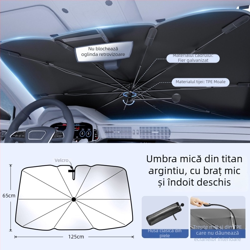 Umbră de parbriz pentru interiorul mașinii, cu braț curbat, protecție solară și izolație termică; Material: Titanium Silver Bumping Cloth; Montaj: Tip Card-in; Imprimare logo: Da; Personalizare: Da; Părți aplicabile: Zona frontală