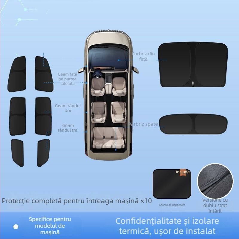 Cortină de umbrire pentru Lynk & Co 900 – izolație termică și protecție împotriva soarelui – montaj snap-in – Material: oțel arc 82B + țesătură Oxford 300D