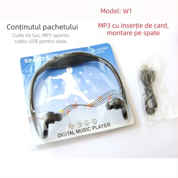 W1 MP3 player montat pe cap, suport TF card, USB 2.0, baterie de 90 mAh, redare 6-8 ore, pentru studenți
