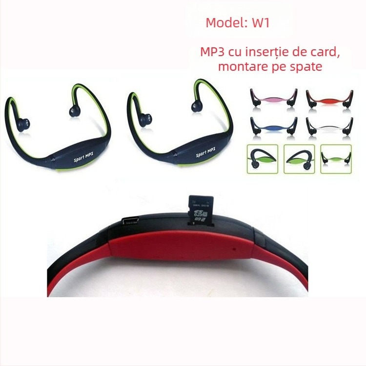 W1 MP3 player montat pe cap, suport TF card, USB 2.0, baterie de 90 mAh, redare 6-8 ore, pentru studenți