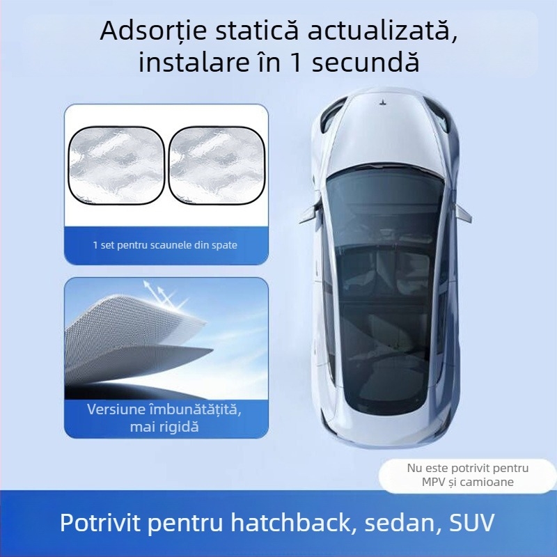 Protecție solară pentru geamul lateral auto – folie de aluminiu, montare prin adeziv static, potrivită pentru geamuri auto, stil simplu, unicolor