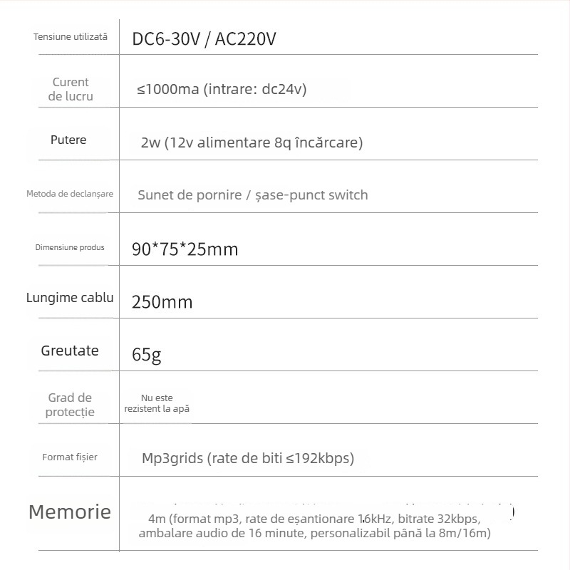 Promițător vocal multi-canal pentru controlul accesului, MP3 player cu difuzor, model YX9075, DC6-30V, consum 3W